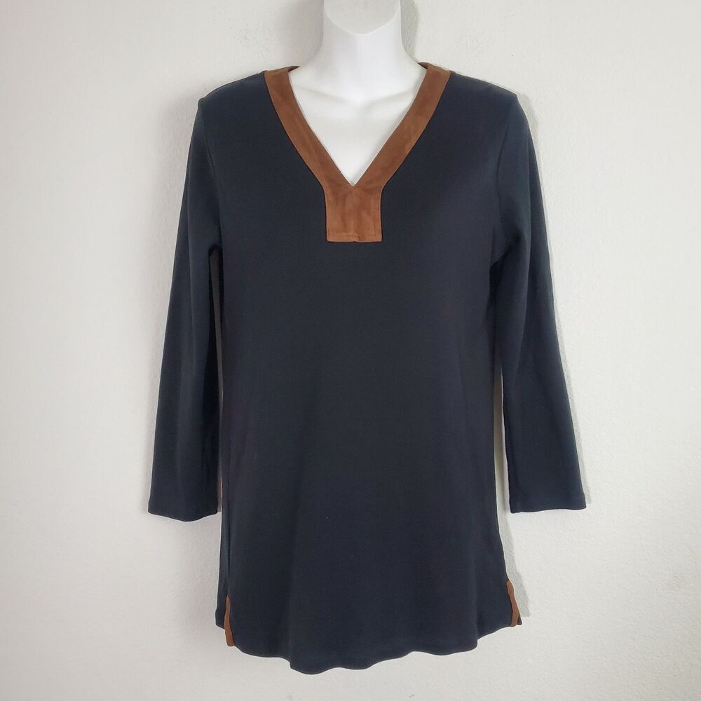 Lauren Ralph Lauren Women's Top Medium Black Suede Trim Preppy Old Money Grandma